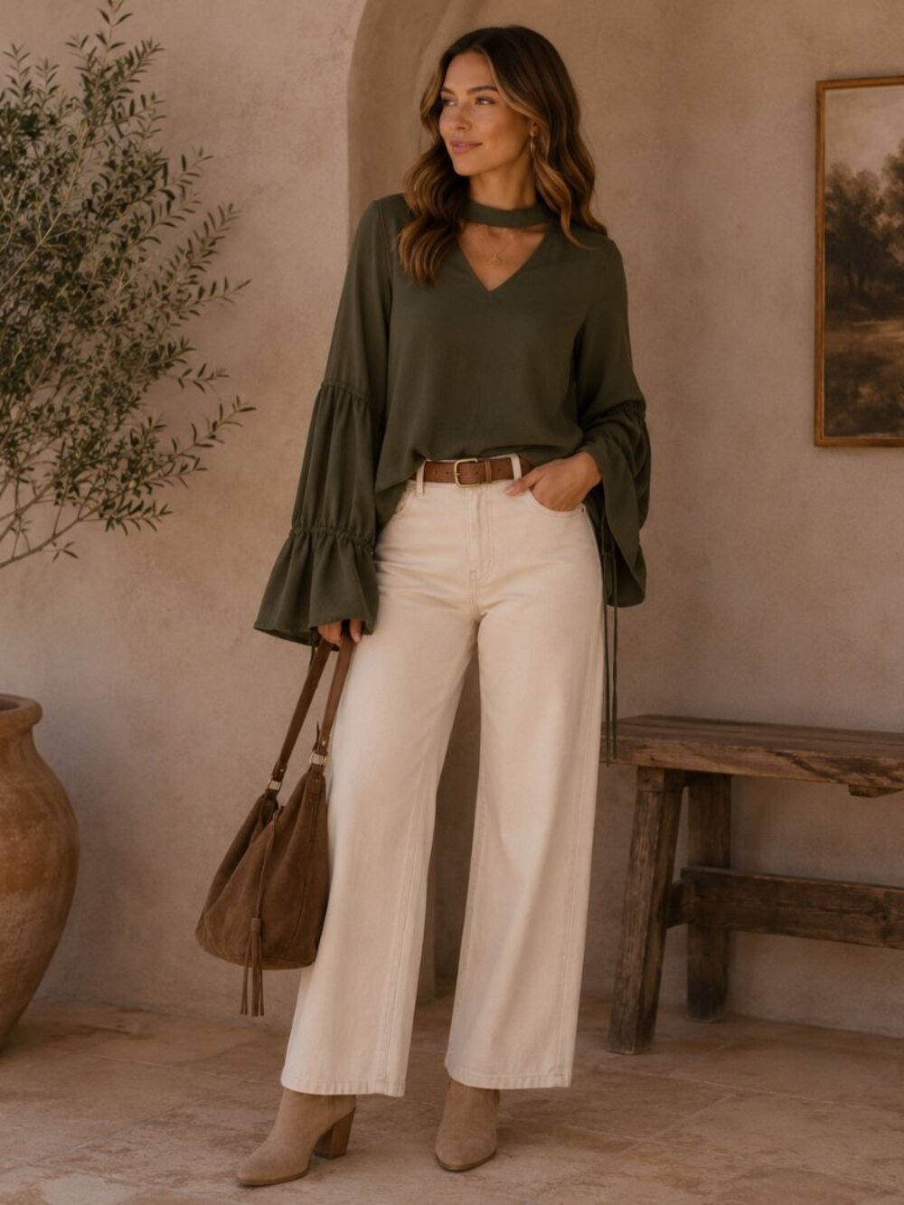 Ethereal Paper Crane Olive Blouse S NWT Bell Sleeve Flowy Boho Lightweight